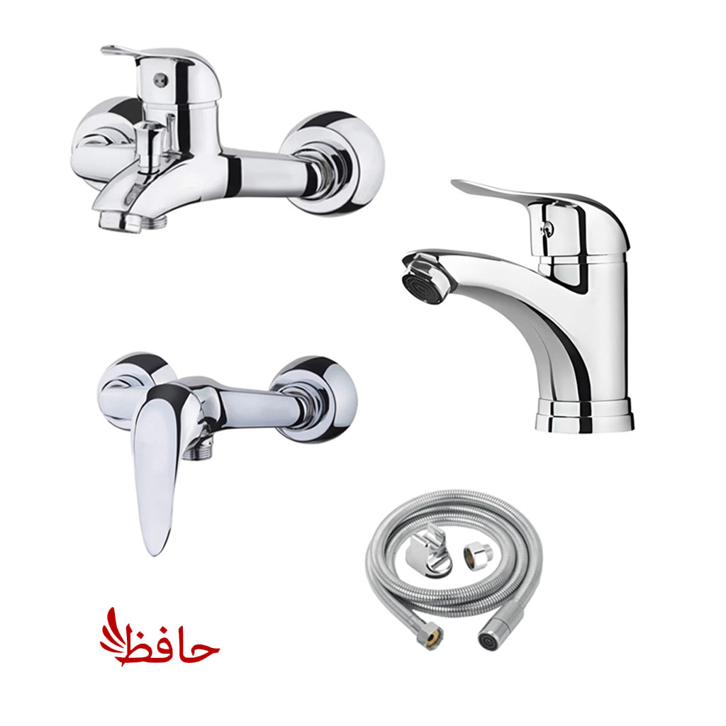 تصویر ست شیرآلات قهرمان شامل شیر روشویی، توالت و حمام رنگ کروم 